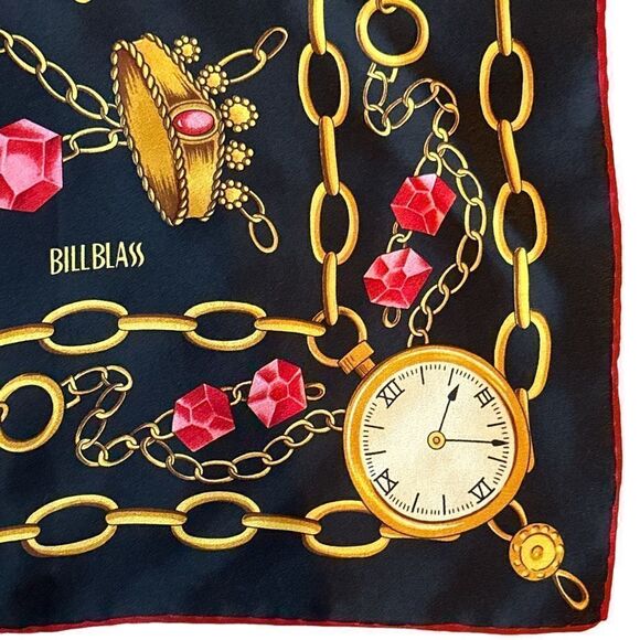 Vintage BILL BLASS SILK  roses, pocket watches, chain scarf-black red gold - Picture 3 of 9